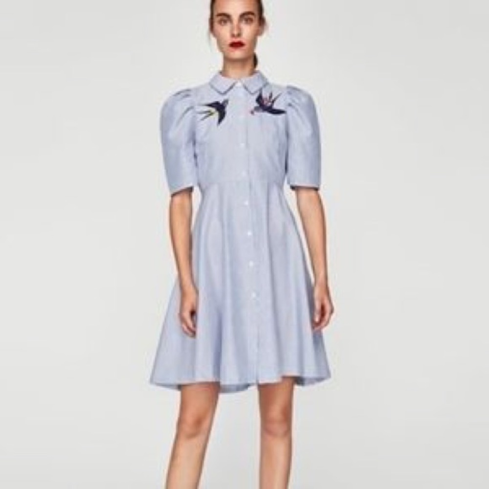 Zara Blue Midi Dress with Bird Embroidery